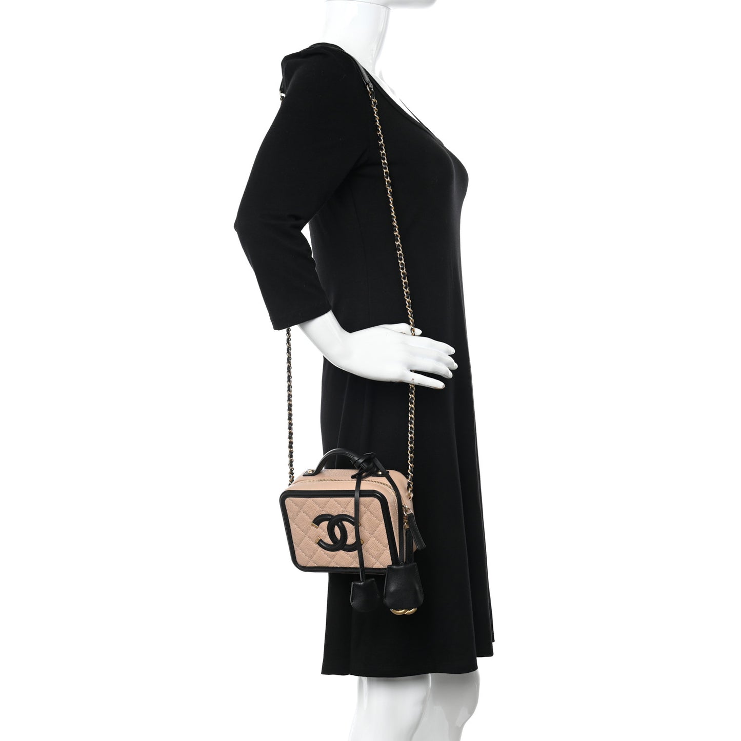 Caviar Quilted Small CC Filigree Vanity Case Beige Black