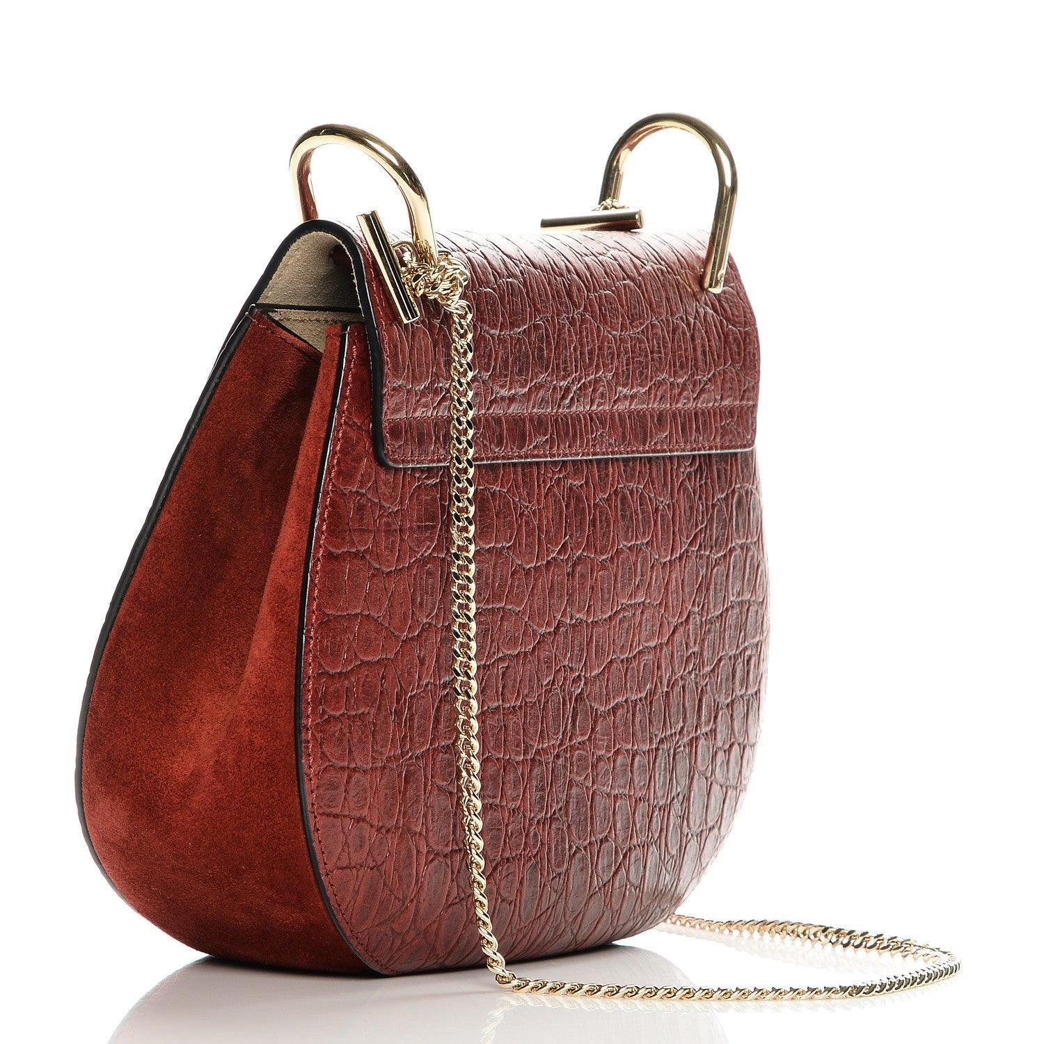Chloe Calfskin Crocodile Embossed Drew Shoulder Bag Sienna Red 3 of 8