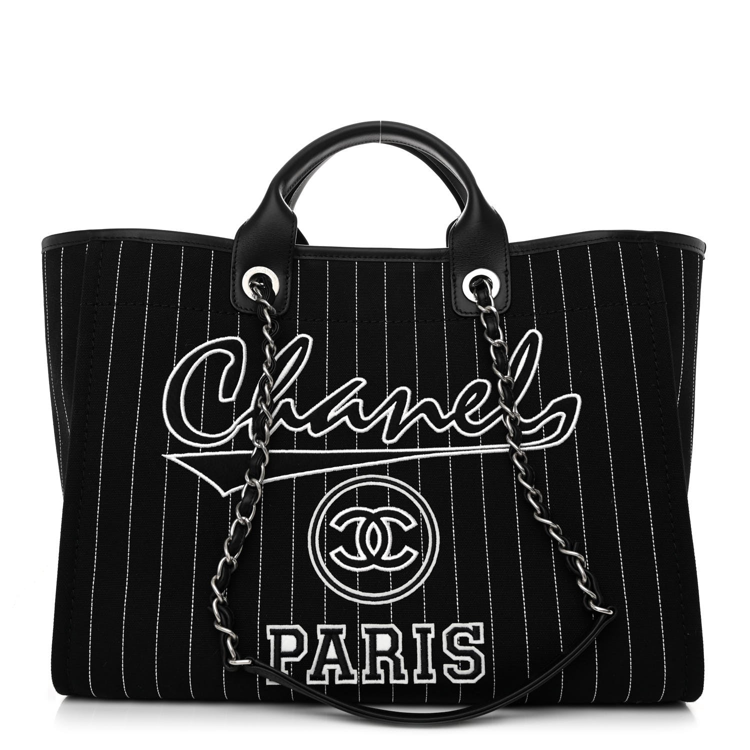 Chanel Canvas Calfskin Striped Medium Deauville Tote Black White 3 of 12