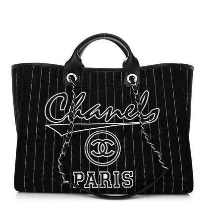 Chanel Canvas Calfskin Striped Medium Deauville Tote Black White 3 of 12