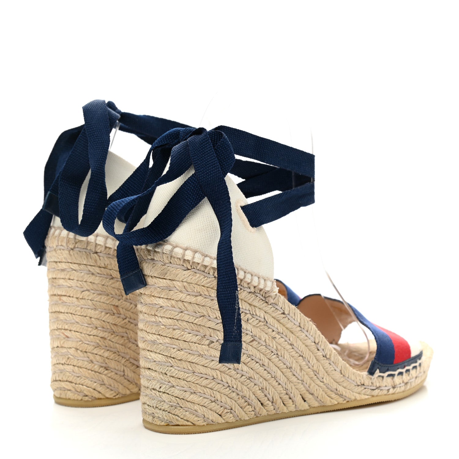 Gucci Canvas Sylvie Web Ankle Wrap Espadrille Wedge Sandals 39 Mystic White Hibiscus Red Maritime 4 of 11