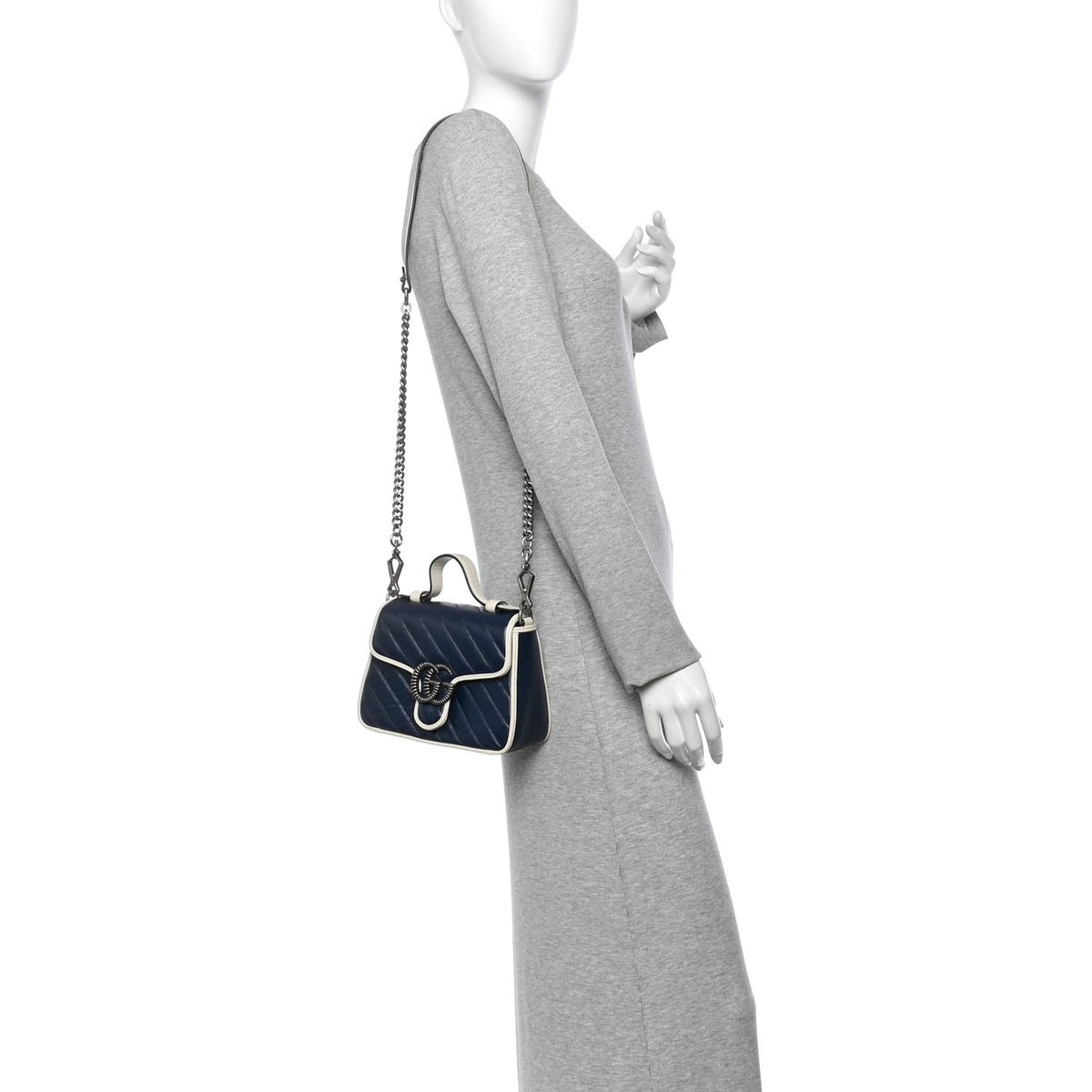 Gucci Vintage Effect Calfskin Matelasse Diagonal Mini Torchon GG Marmont Top Handle Shoulder Bag Blue Agata Mystic White 2 of 10