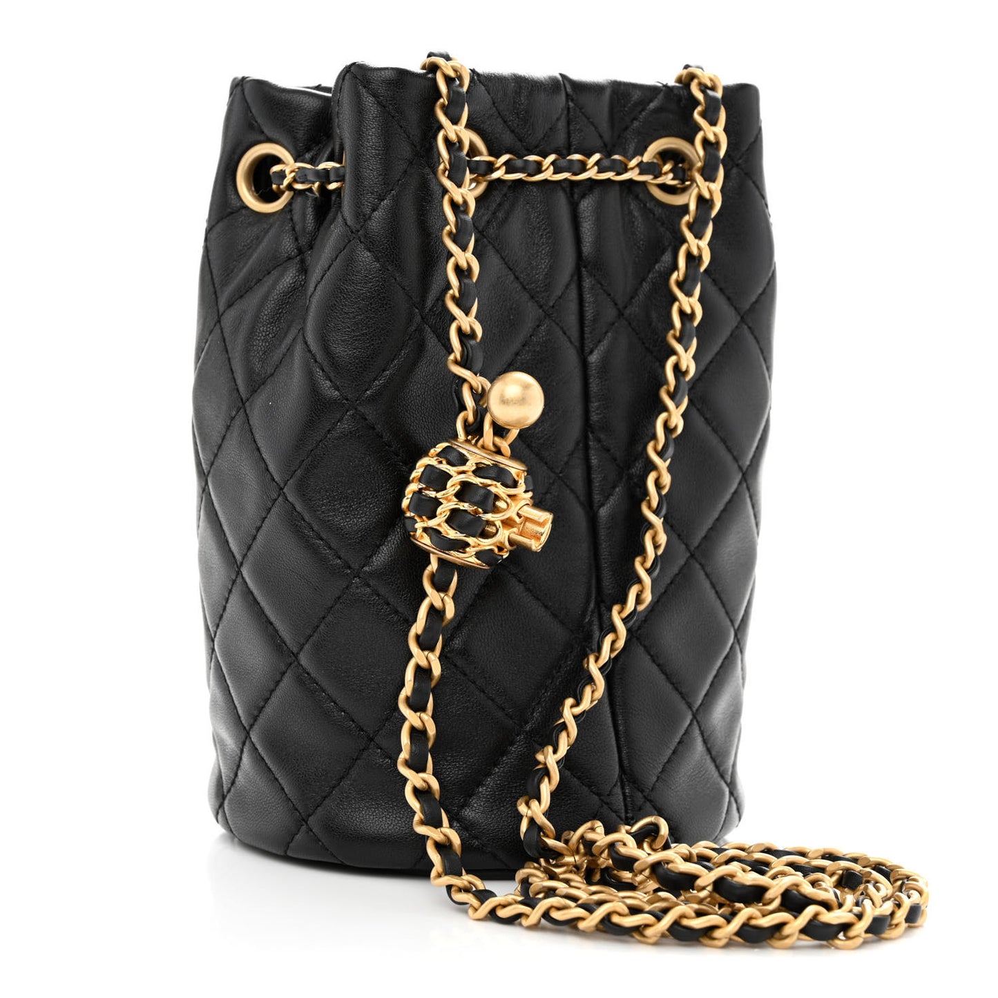 Lambskin Quilted Pearl Crush Drawstring Bag Black
