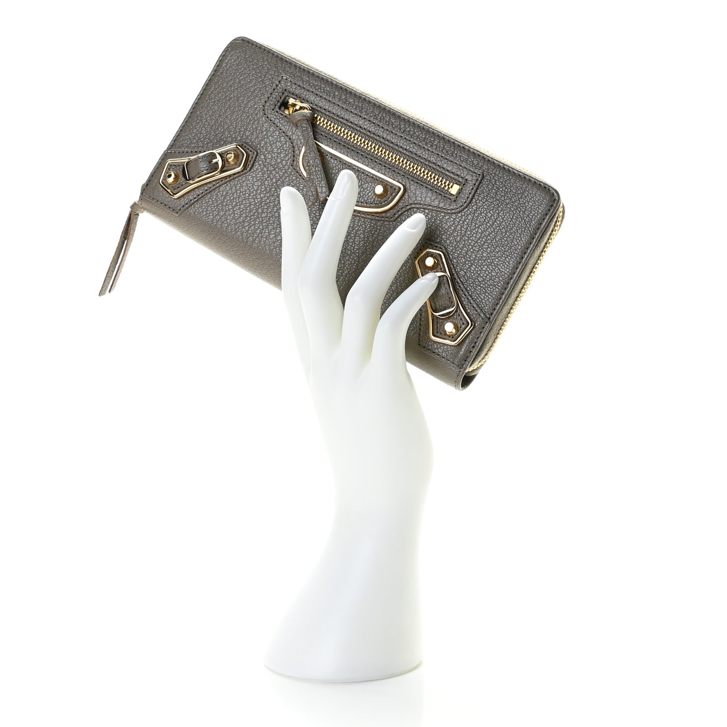 Chevre Gold Metallic Edge Hardware Zip Around Wallet Gris Taupe