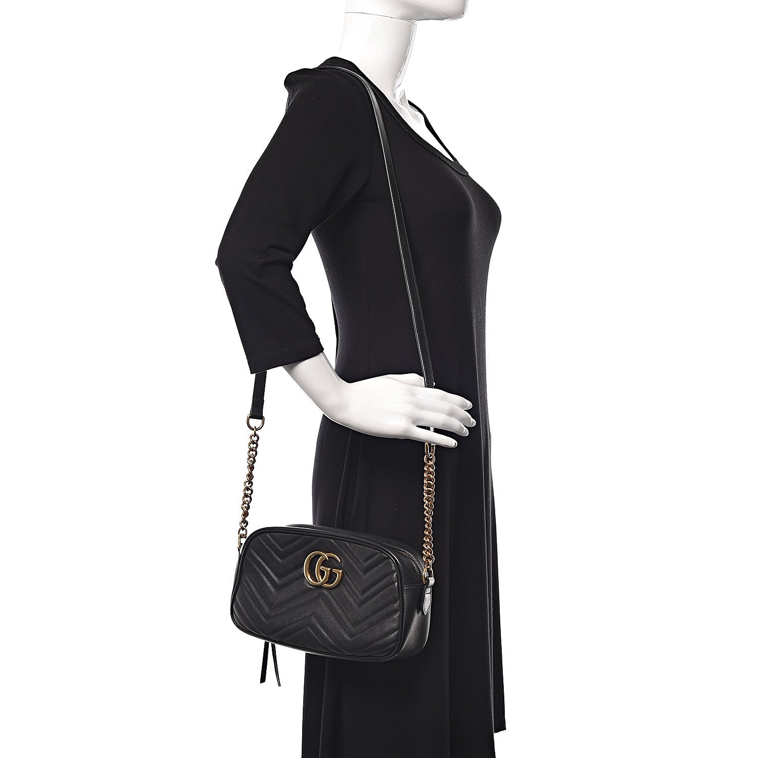 Gucci Calfskin Matelasse Small GG Marmont Chain Shoulder Bag Black 2 of 14