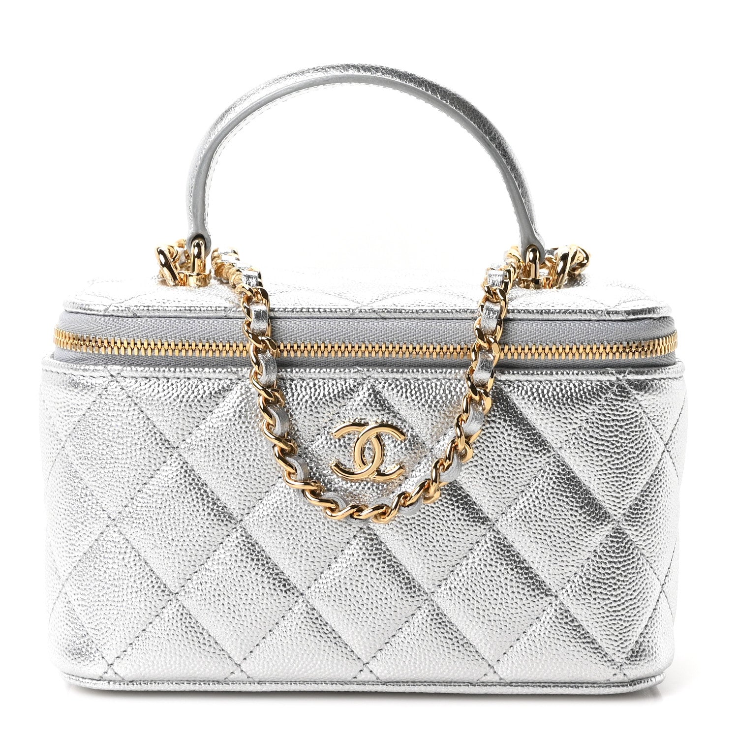Chanel Metallic Caviar Quilted Top Handle Slim Vanity Case With Chain Silver 1 of 10