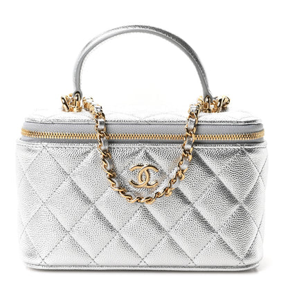 Chanel Metallic Caviar Quilted Top Handle Slim Vanity Case With Chain Silver 1 of 10