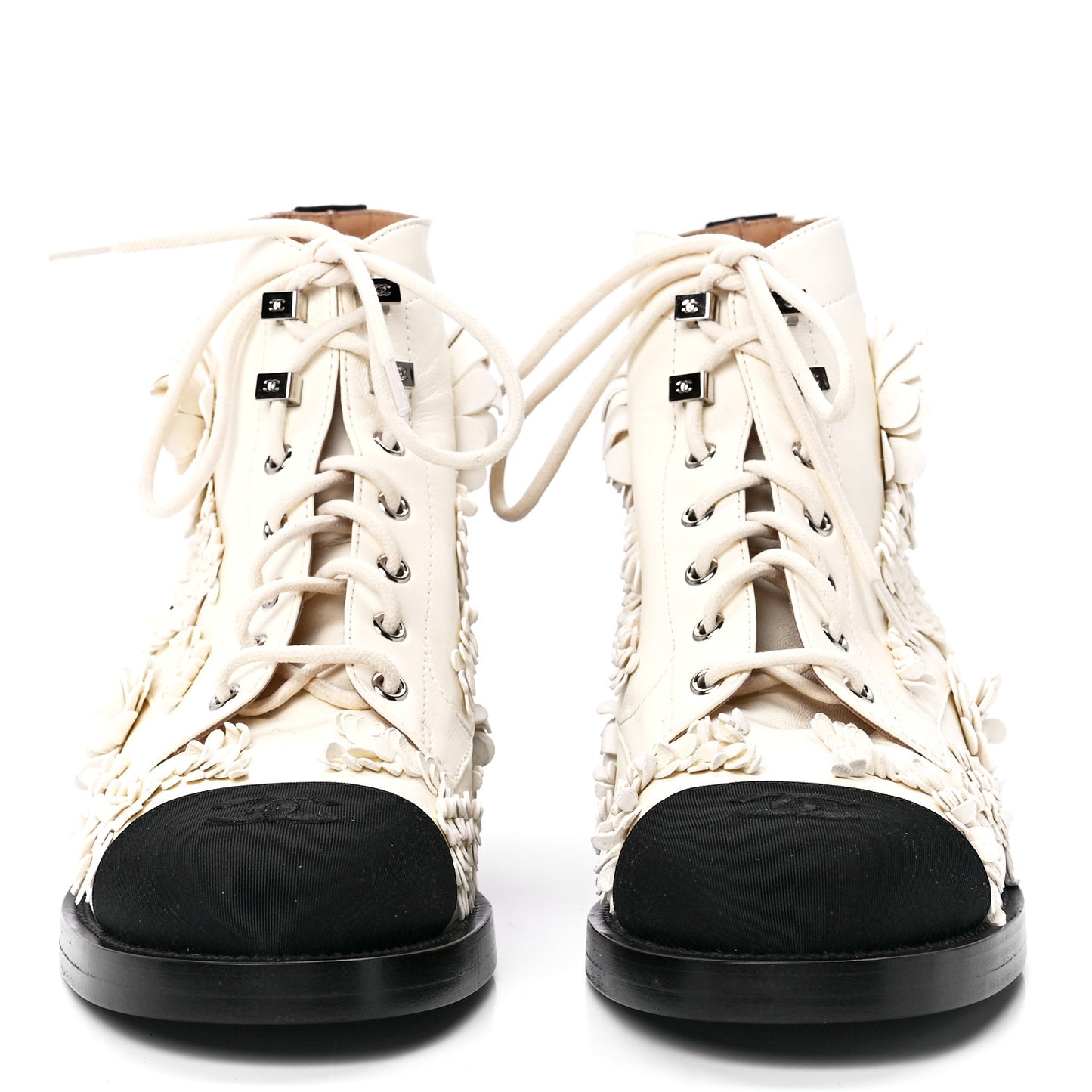 Embroidered Lambskin Grosgrain Lace Up Boots 41 White Black