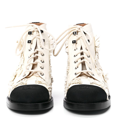 Chanel Embroidered Lambskin Grosgrain Lace Up Boots 41 White Black 2 of 9