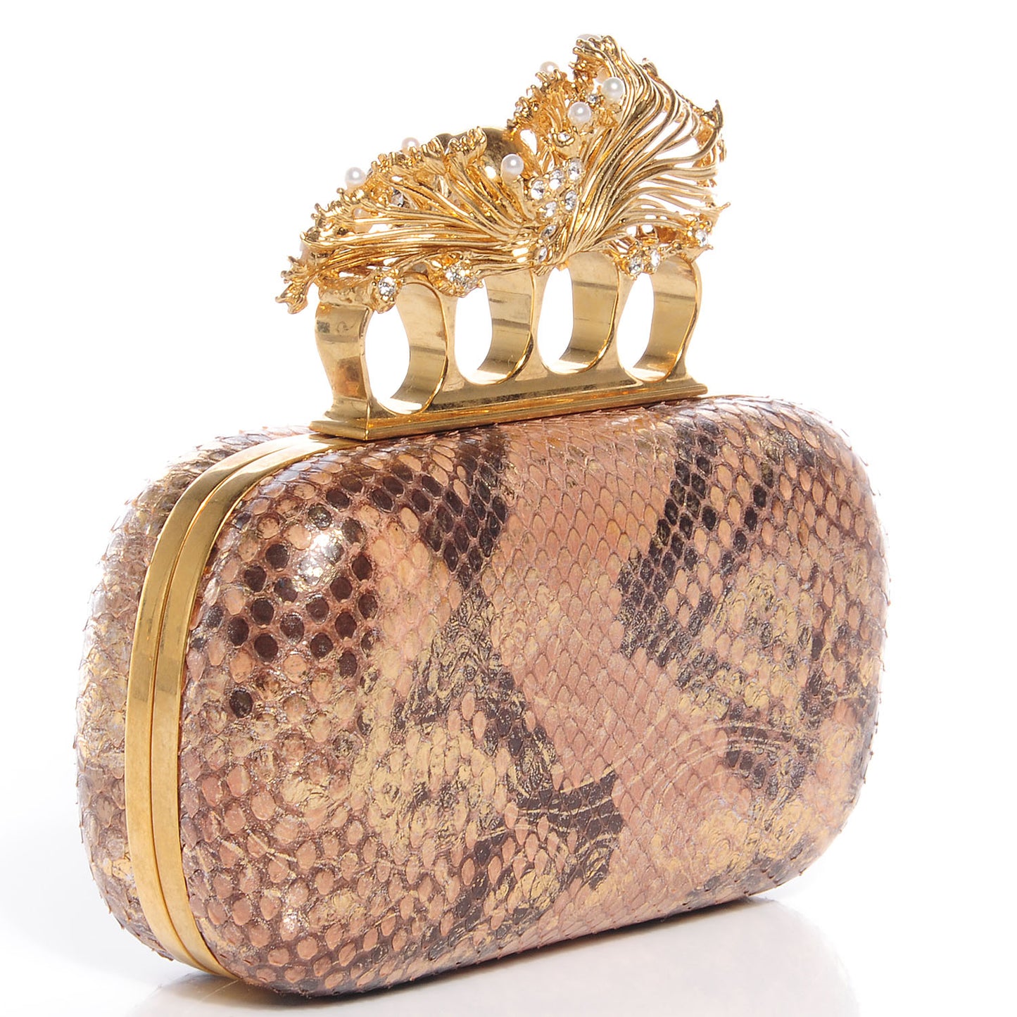Python Pearl Knuckle-Duster Box Clutch Flesh Gold