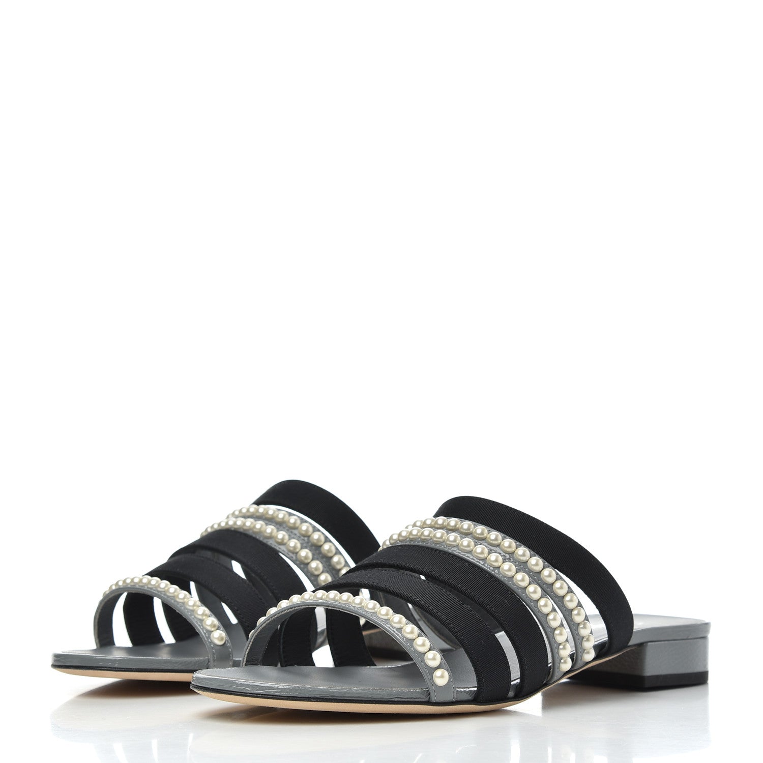 Chanel Patent Grosgrain CC Pearl Mules 38 Grey Black 3 of 11
