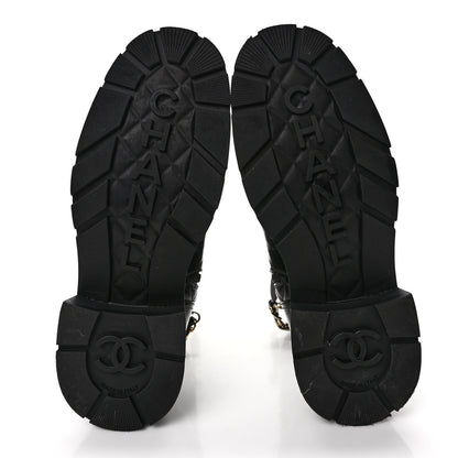 Chanel Shiny Calfskin Patent Quilted Chain Lace Up Combat Boots 39 Black 5 of 7