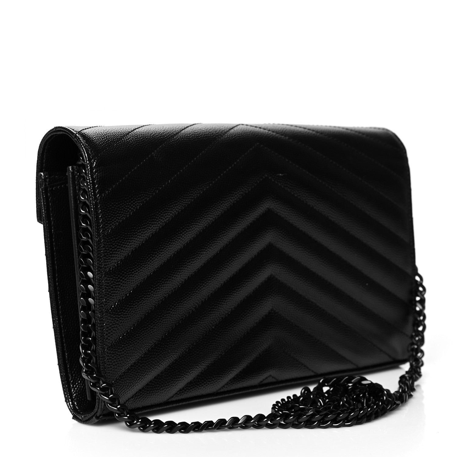 Saint Laurent Grain De Poudre Matelasse Chevron Monogram Chain Wallet Black 2 of 10