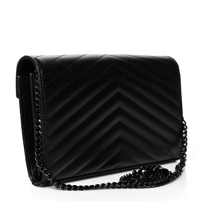 Saint Laurent Grain De Poudre Matelasse Chevron Monogram Chain Wallet Black 2 of 10