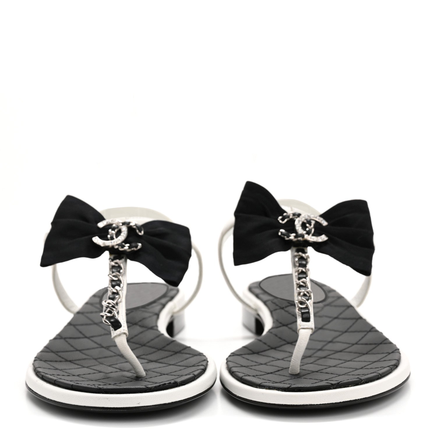 Chanel Lambskin Crystal Chain CC Logo Thong Sandals 38 White 3 of 10