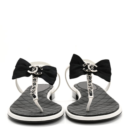 Chanel Lambskin Crystal Chain CC Logo Thong Sandals 38 White 3 of 10