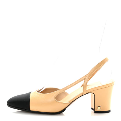 Chanel Goatskin Grosgrain Cap Toe CC Slingback Pumps 39 Beige Black 1 of 10