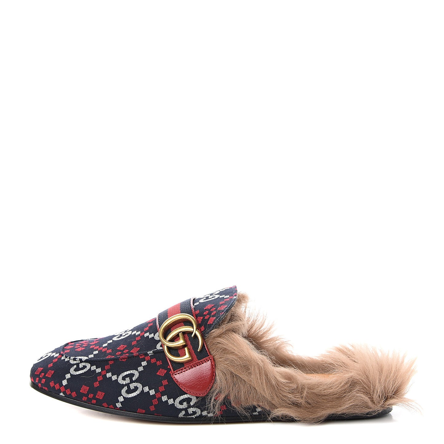 Canvas GG Monogram Diamond Fur Web GG Mens Princetown Slippers 7.5 Midnight Blue Hibiscus Red