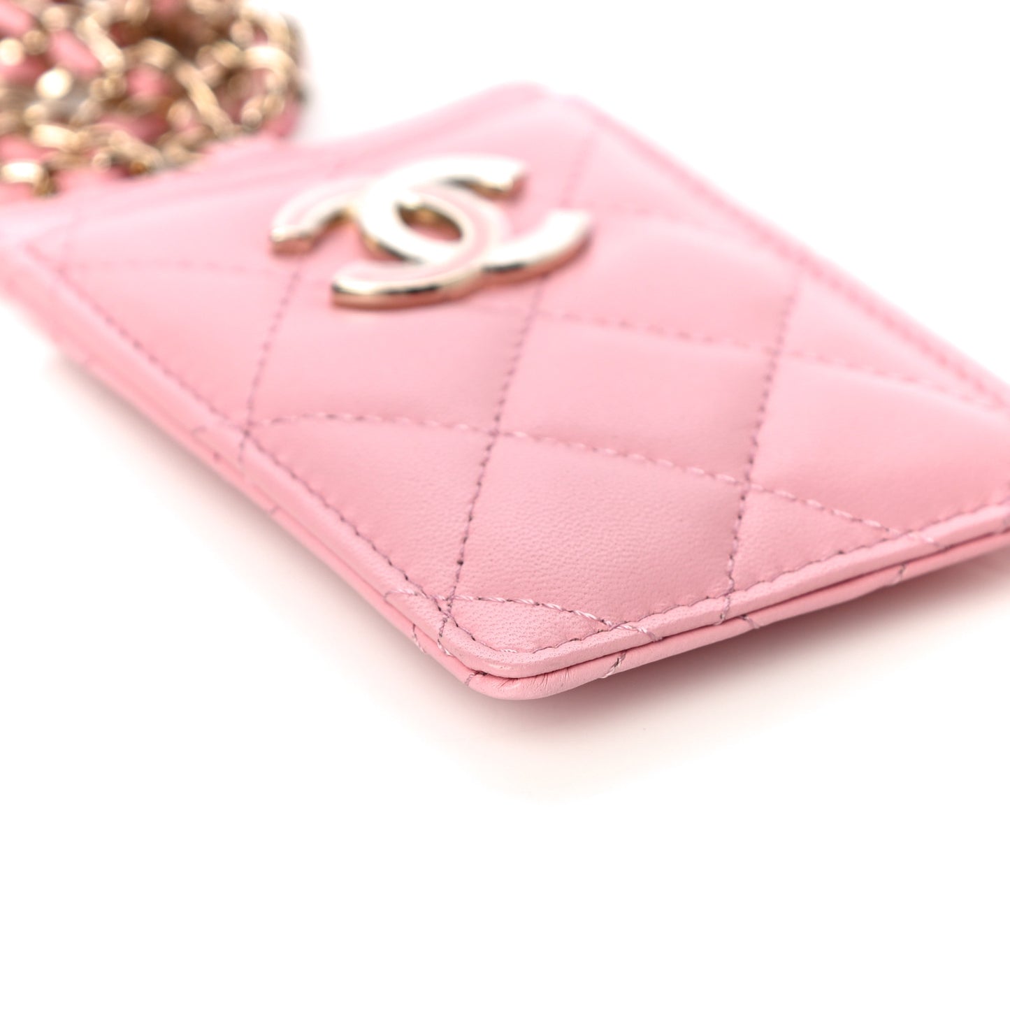 Lambskin Quilted Chanel Card Holder On Chain Pink