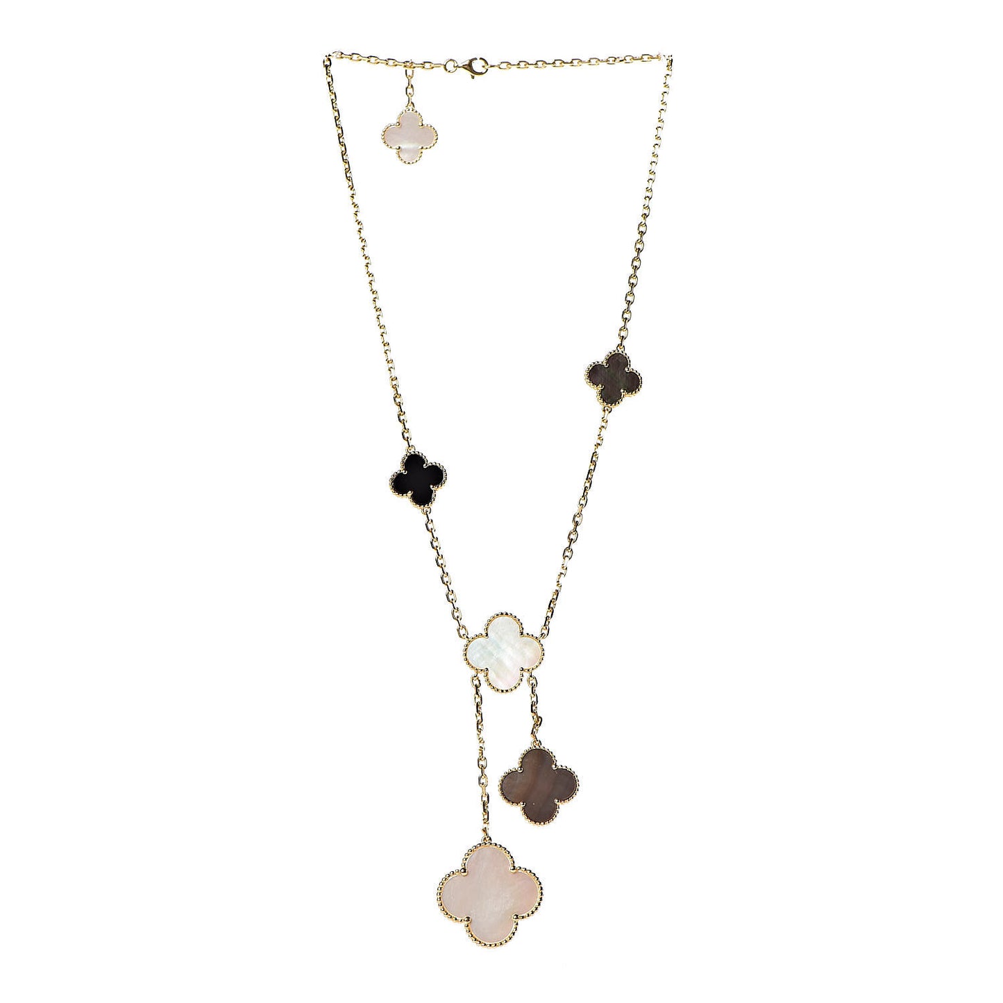 18K Yellow Gold Mother of Pearl Onyx 6 Motifs Magic Alhambra Necklace