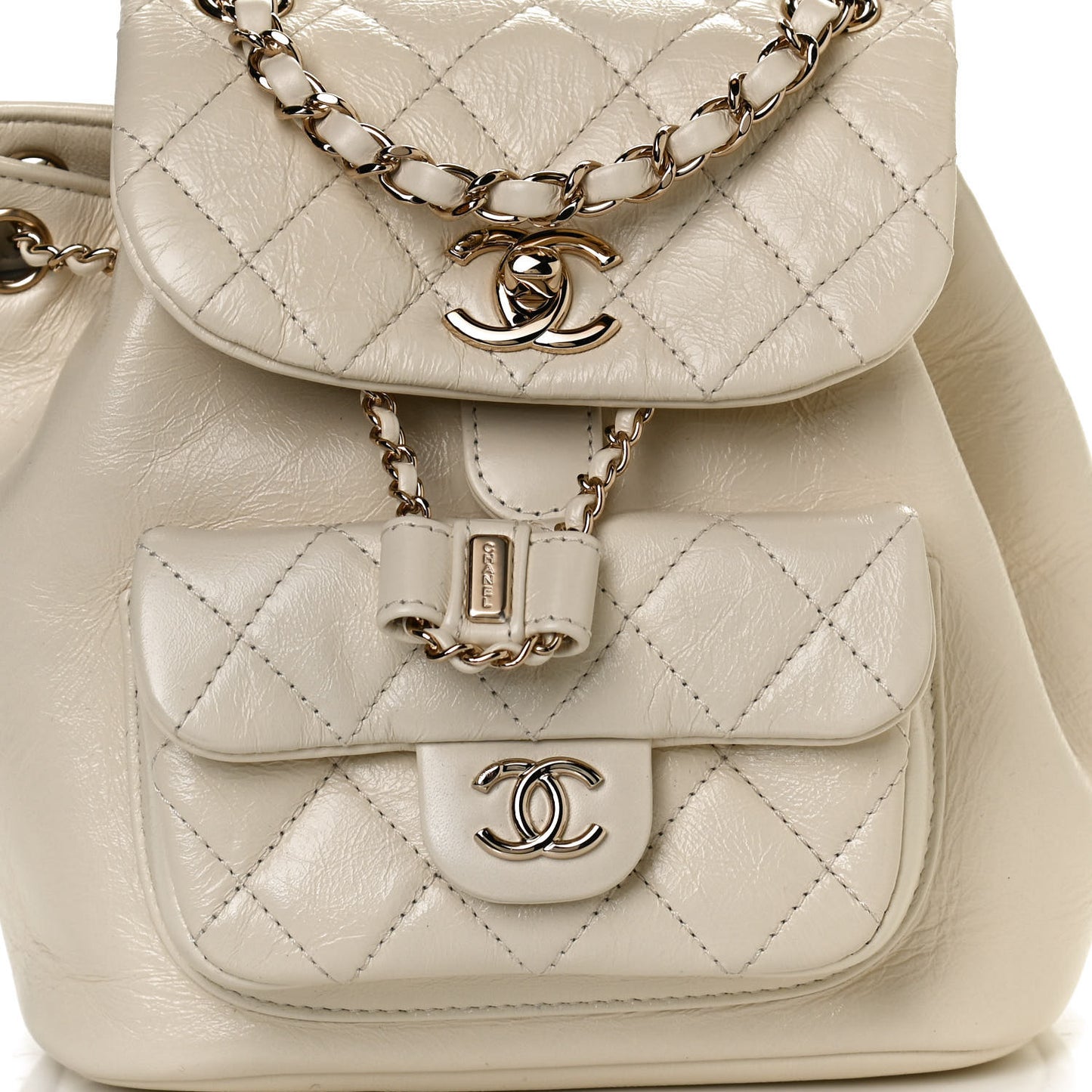 Glazed Aged Calfskin Quilted Small Duma Drawstring Backpack White