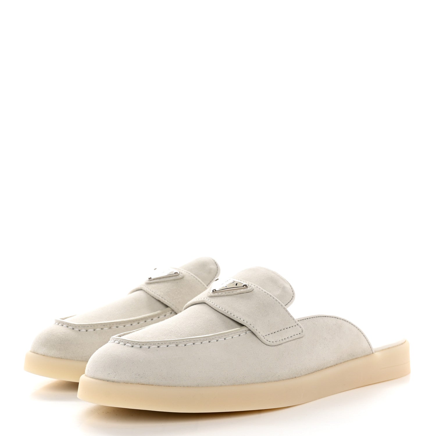 Prada Suede Metal Triangle Logo Saint Tropez 25mm Loafer Mules 38 Talco 3 of 11
