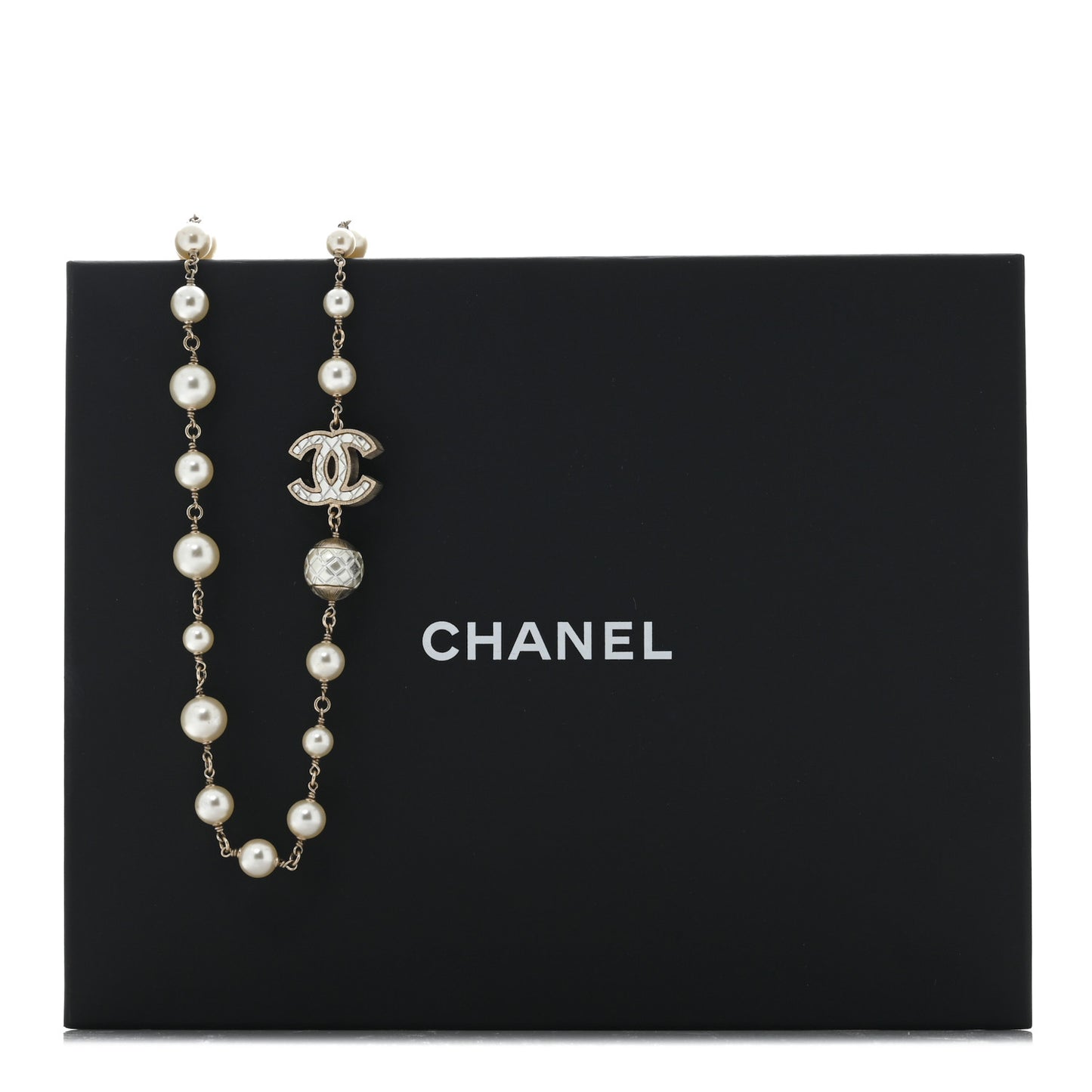 Metal Quilted Pearl CC Long Necklace Light Gold