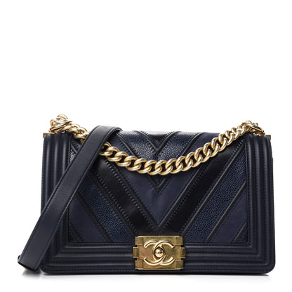 Chanel Caviar Suede Calfskin Chevron Medium Boy Flap Navy 1 of 14