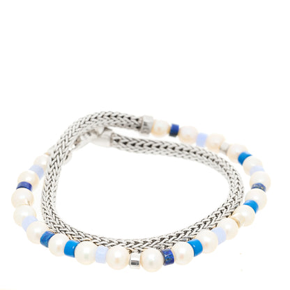 John Hardy Sterling Silver Freshwater Cultured Pearl Blue Lace Agate Lapis Lazuli Wrap Bracelet 1 of 3
