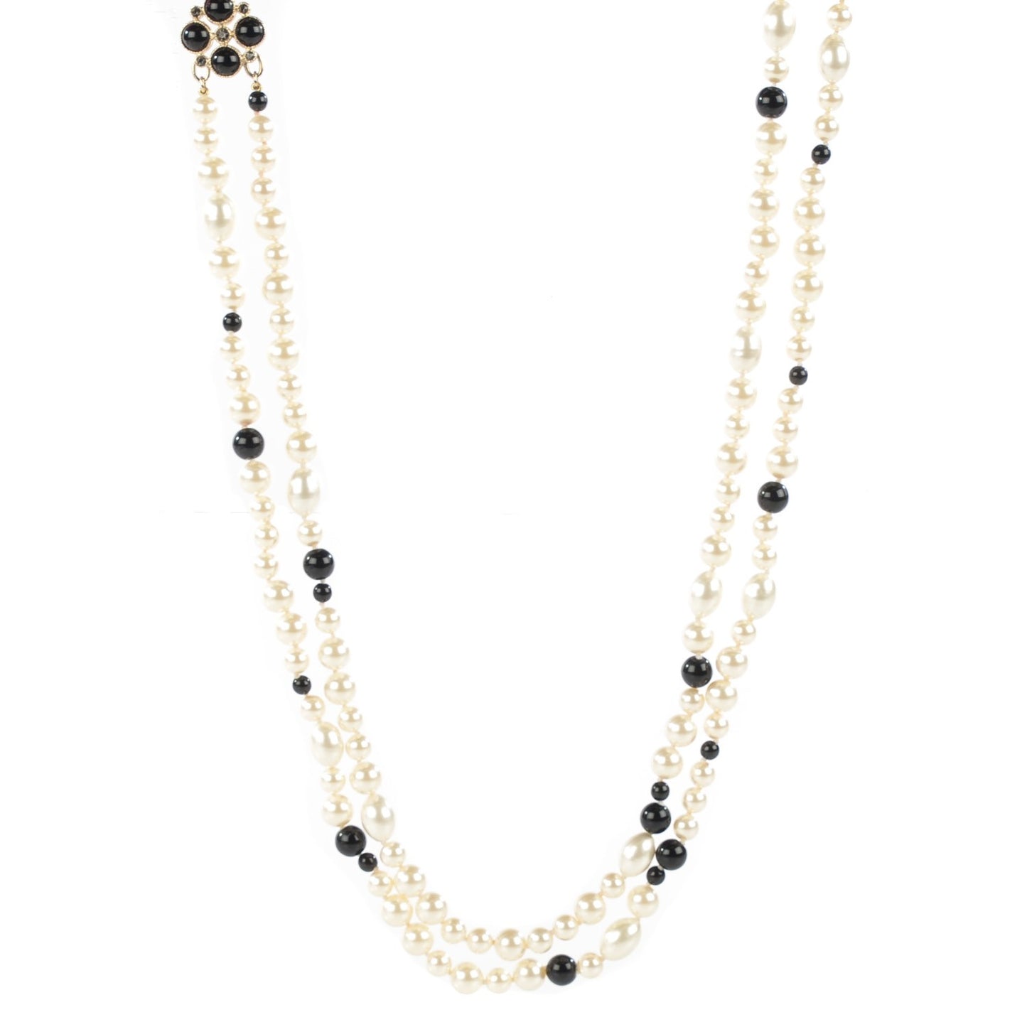 Irregular Pearl Beaded CC Long Double Strand Necklace Black White