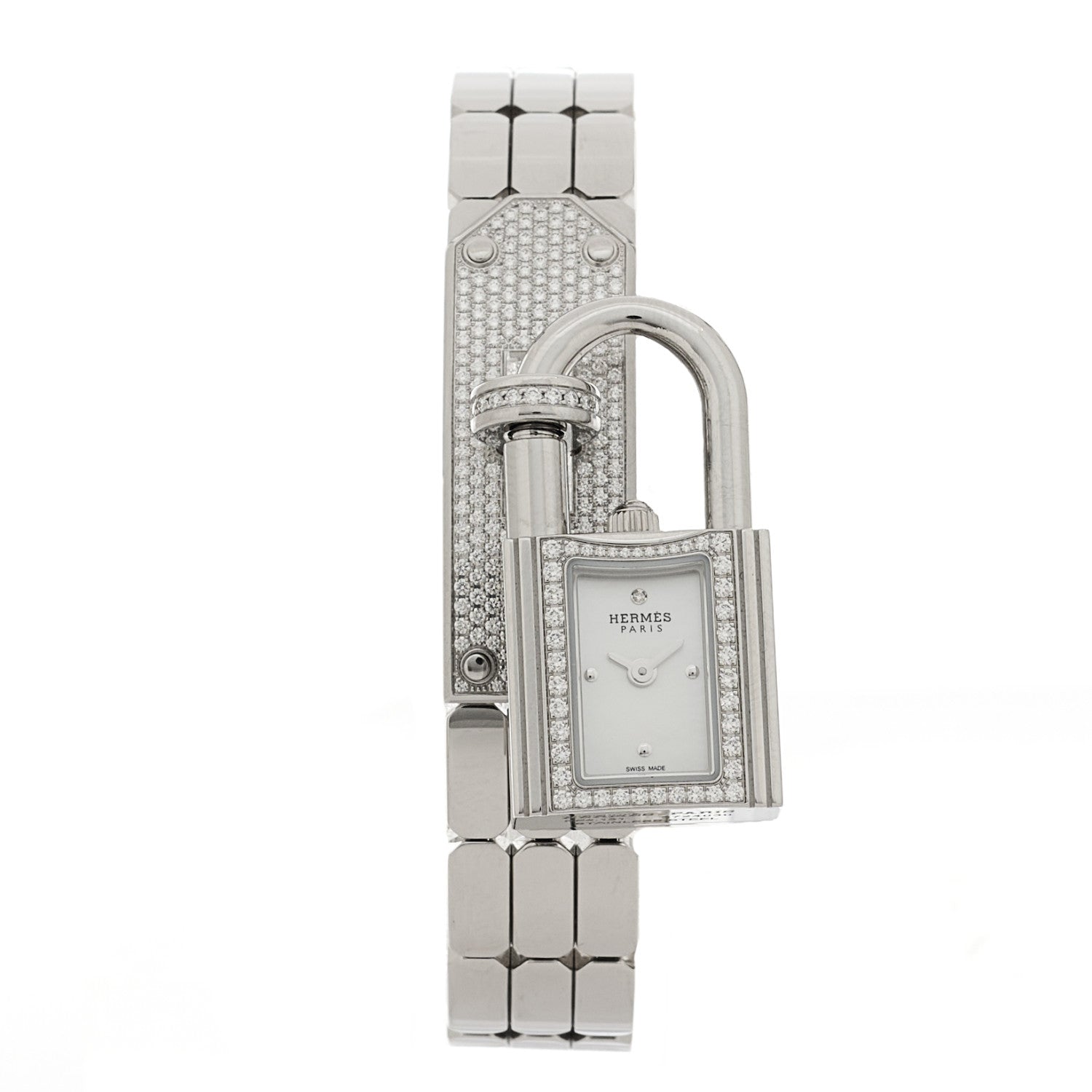 Hermes Stainless Steel Diamond Pave 16mm Kelly Quartz Watch 1 of 6