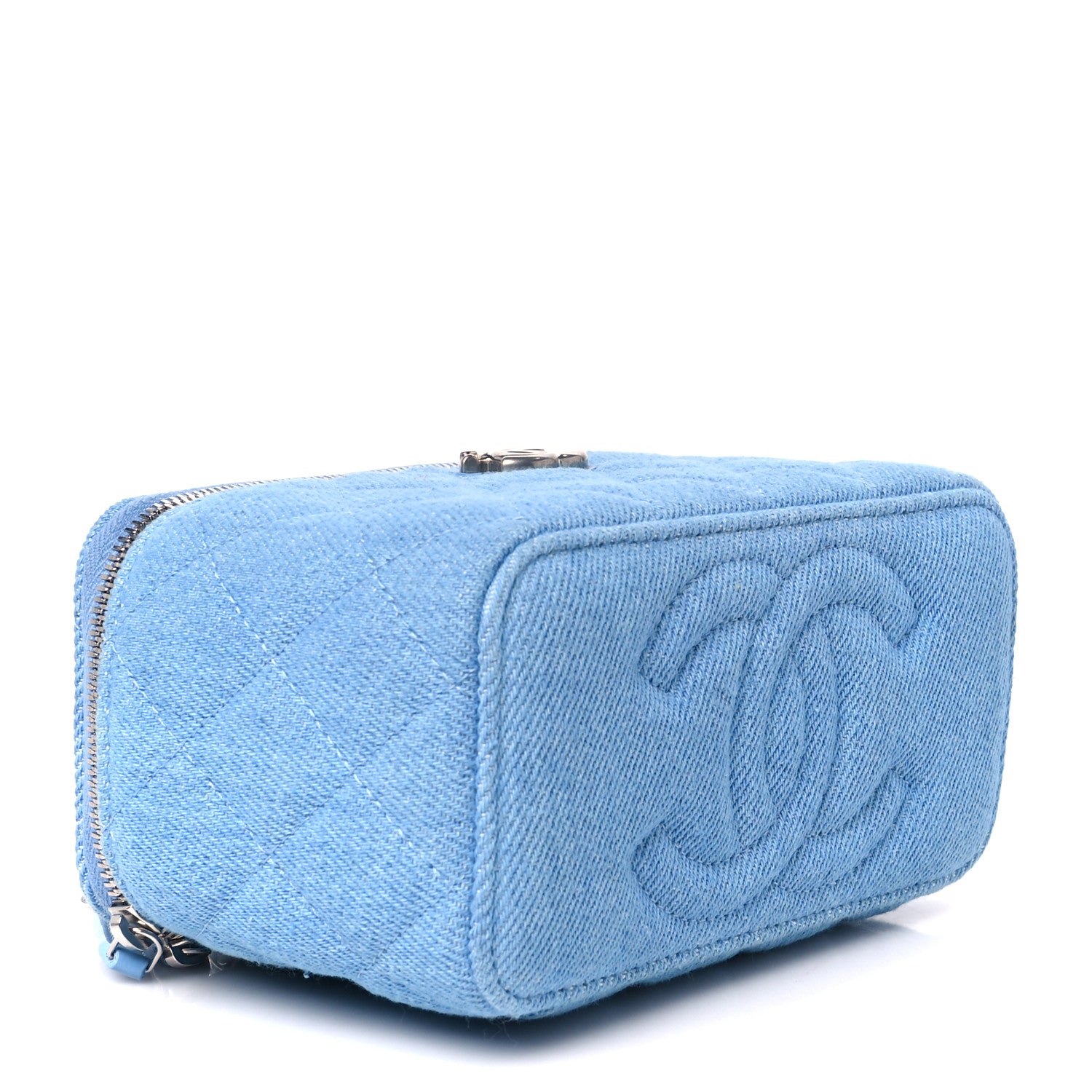 Chanel Denim Quilted Sweetheart Small Vanity Case With Chain Blue