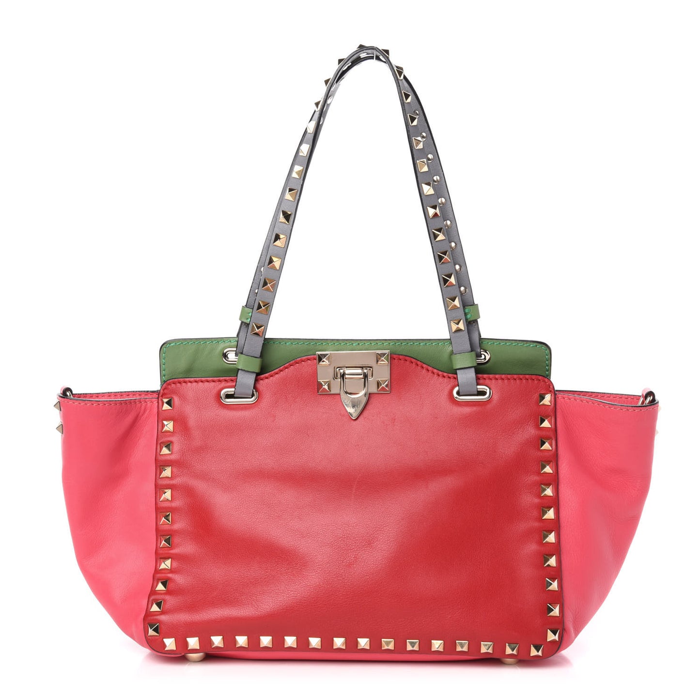 Vitello Colorblock Small Rockstud Tote Deep Rose Clover Grey Scarlet