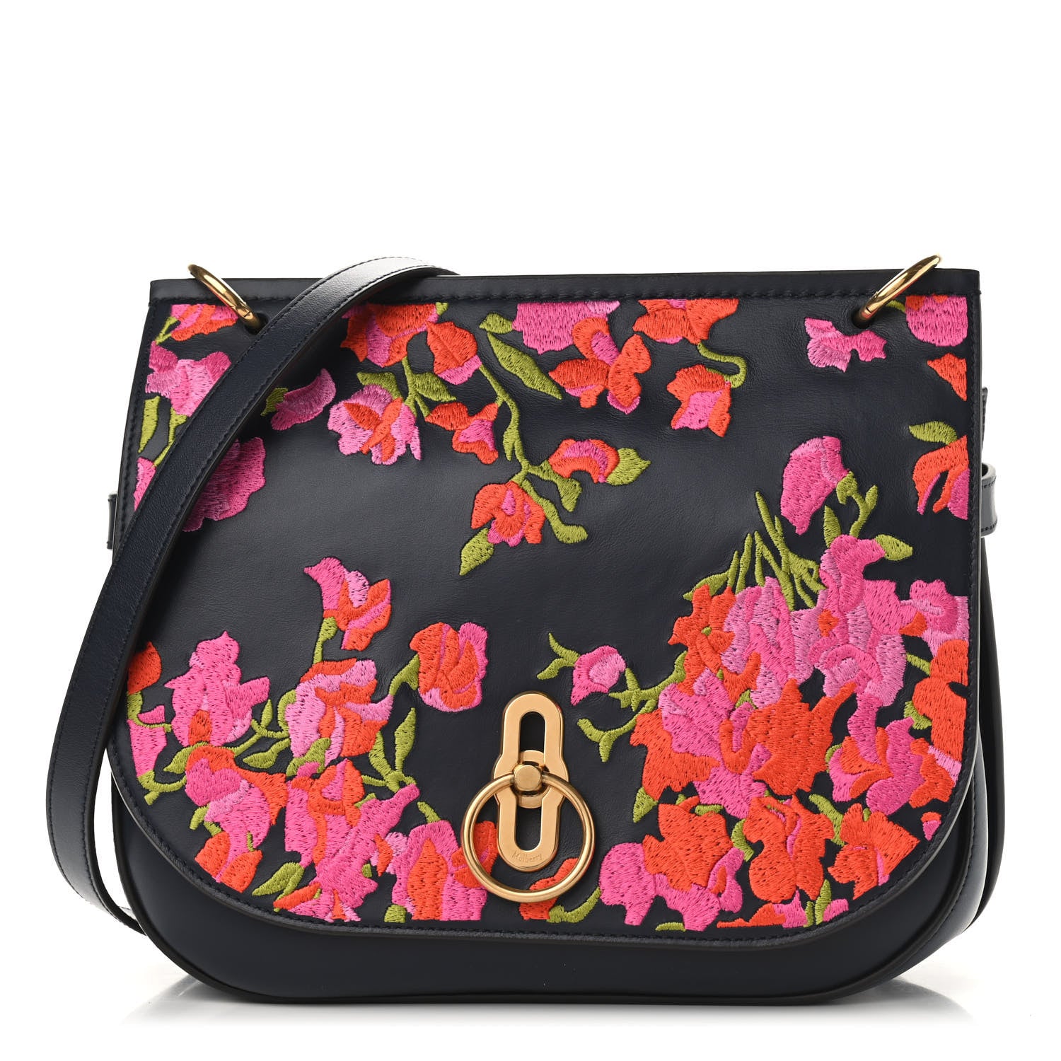Mulberry Calfskin Embroidered Floral Amberley Satchel Navy 1 of 12