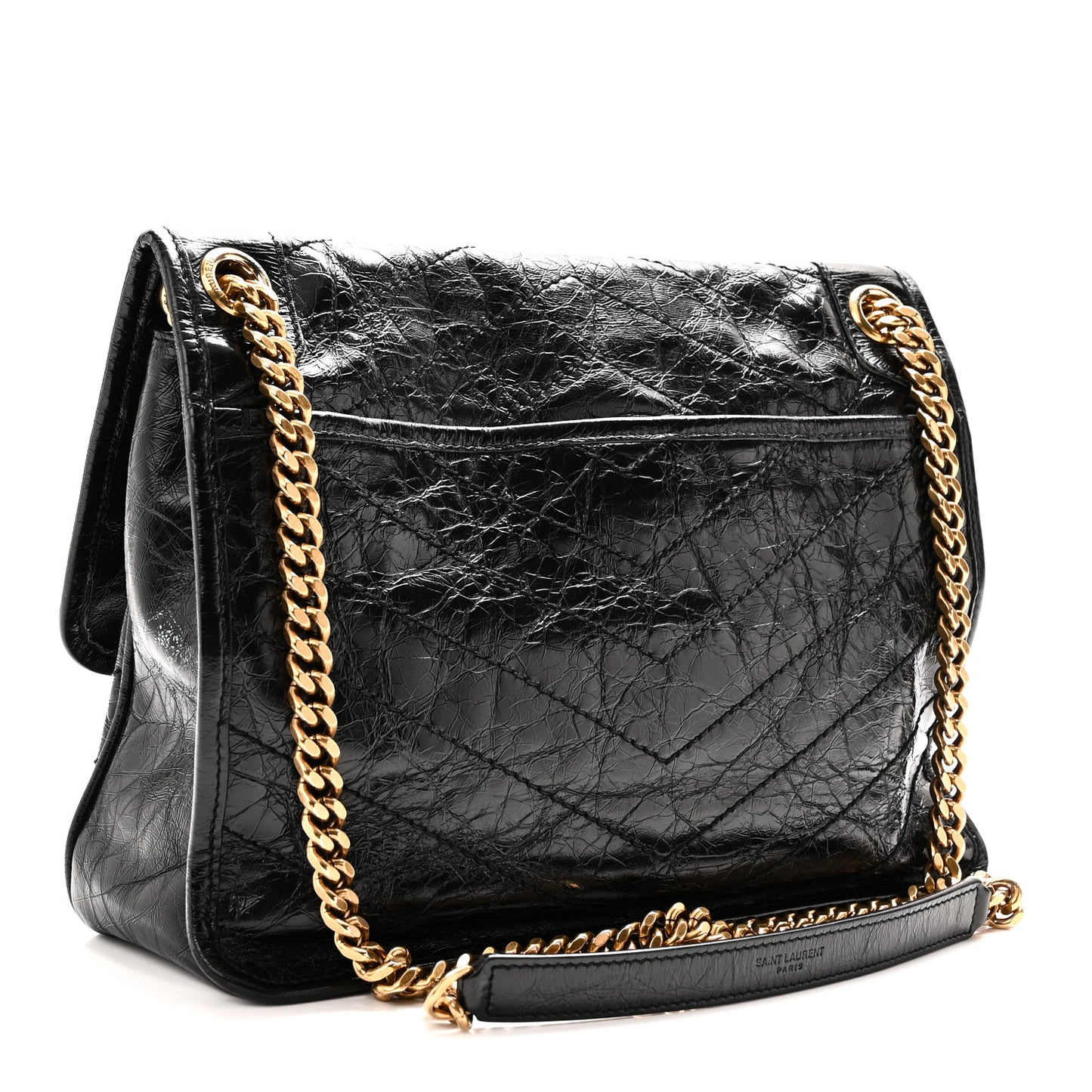Crinkled Calfskin Matelasse Monogram Medium Niki Chain Satchel Black