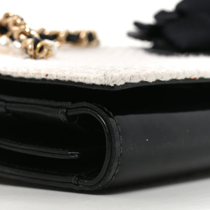 Chanel Tweed Jersey Lambskin Camellia Flap Chocolate Bar Pearl Chain Flap Clutch Black Beige 9 of 11