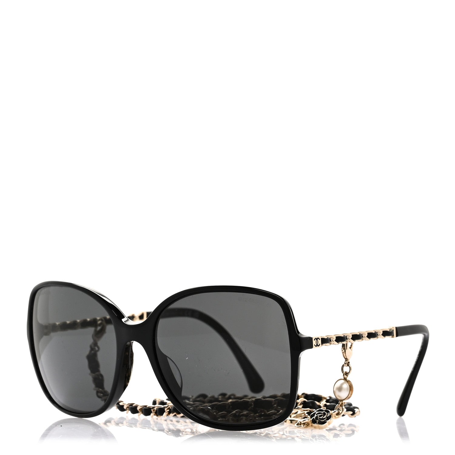 Chanel Acetate Metal Calfskin Square Chain Sunglasses 5210-Q Black Gray 1 of 7