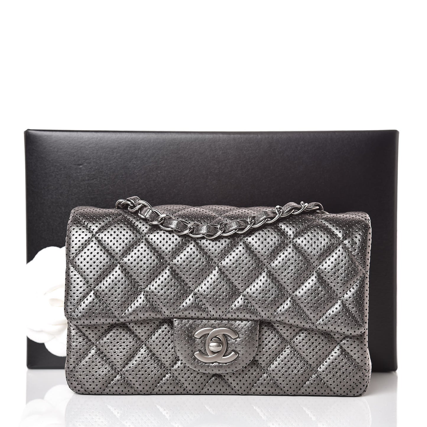Metallic Lambskin Perforated Mini Rectangular Flap Grey