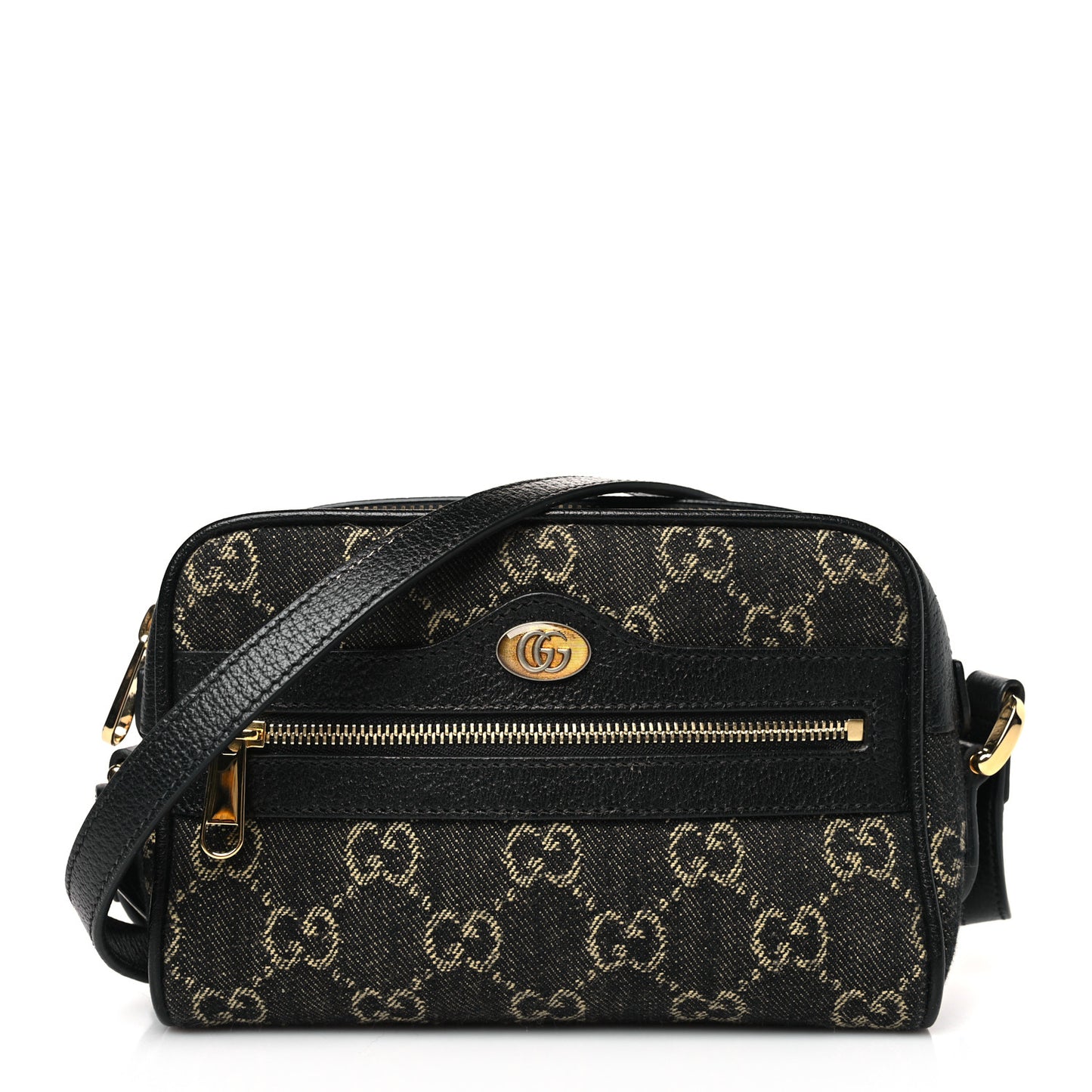 Jacquard Black Denim GG Monogram Textured Dollar Calfskin Mini Ophidia Shoulder Bag Black Ivory