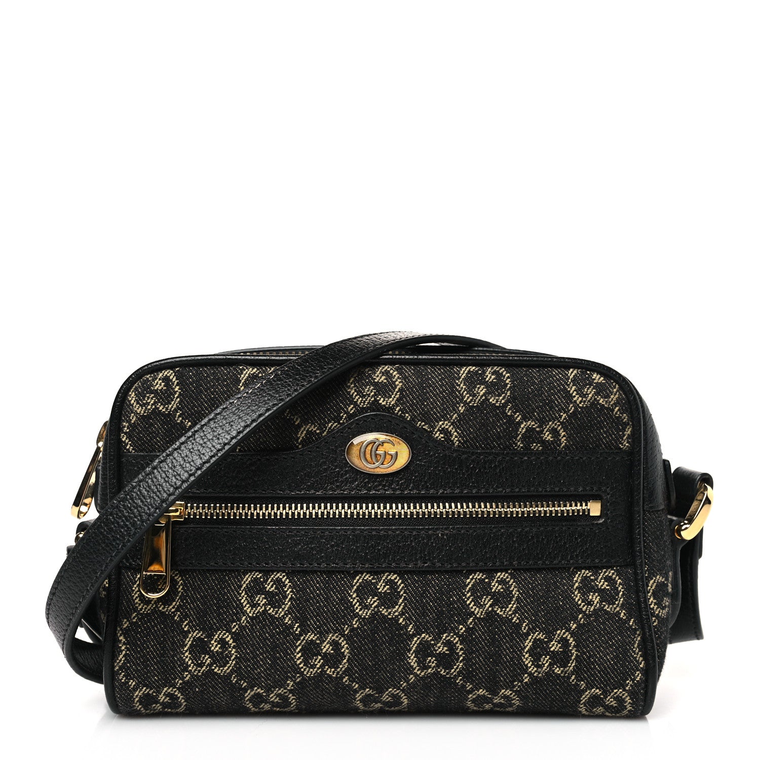 Gucci Jacquard Black Denim GG Monogram Textured Dollar Calfskin Mini Ophidia Shoulder Bag Black Ivory 1 of 9