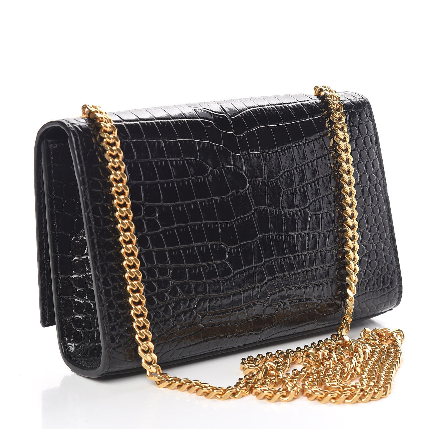 Calfskin Crocodile Embossed Small Classic Monogram Kate Tassel Satchel Black