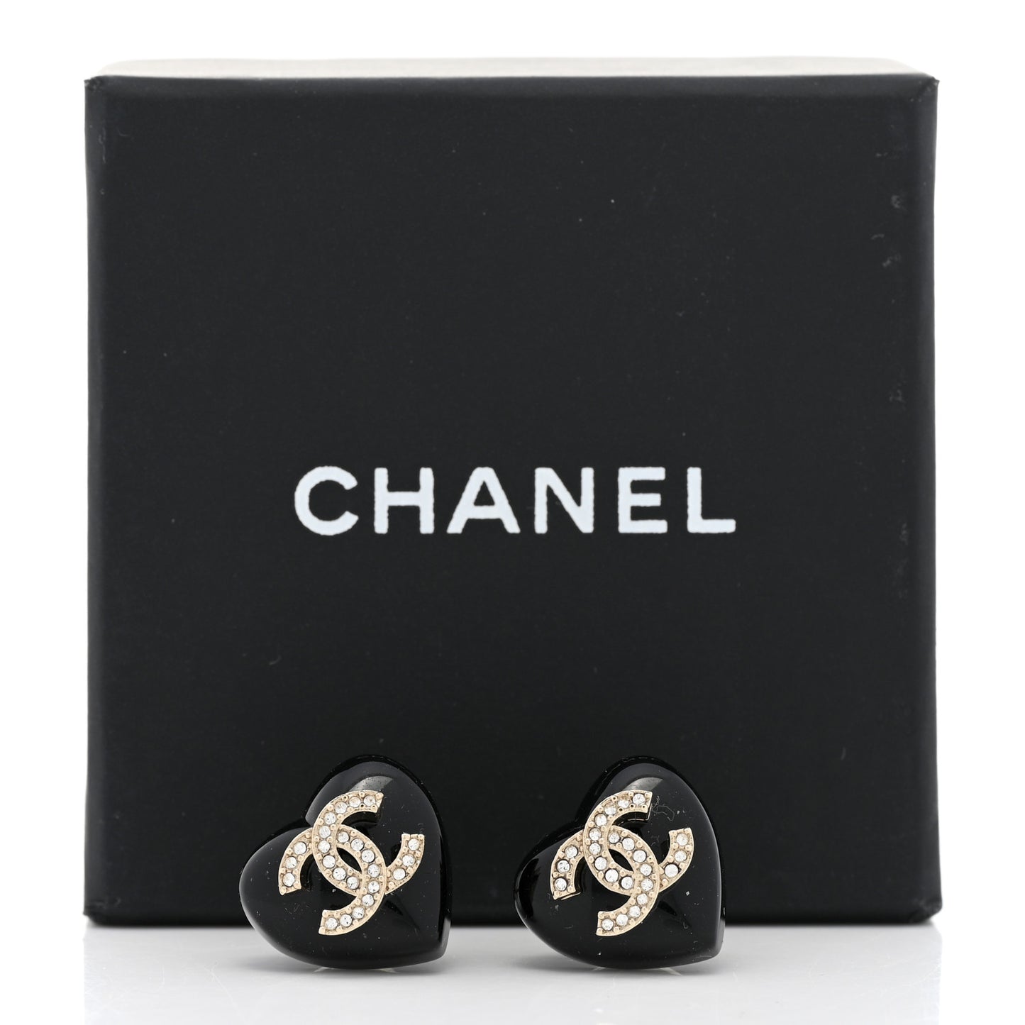 Resin Crystal CC Heart Earrings Black Gold