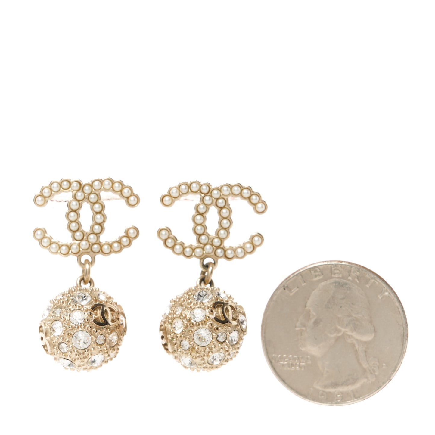Crystal Pearl CC Ball Drop Earrings Gold