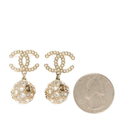 Chanel Crystal Pearl CC Ball Drop Earrings Gold 2 of 5