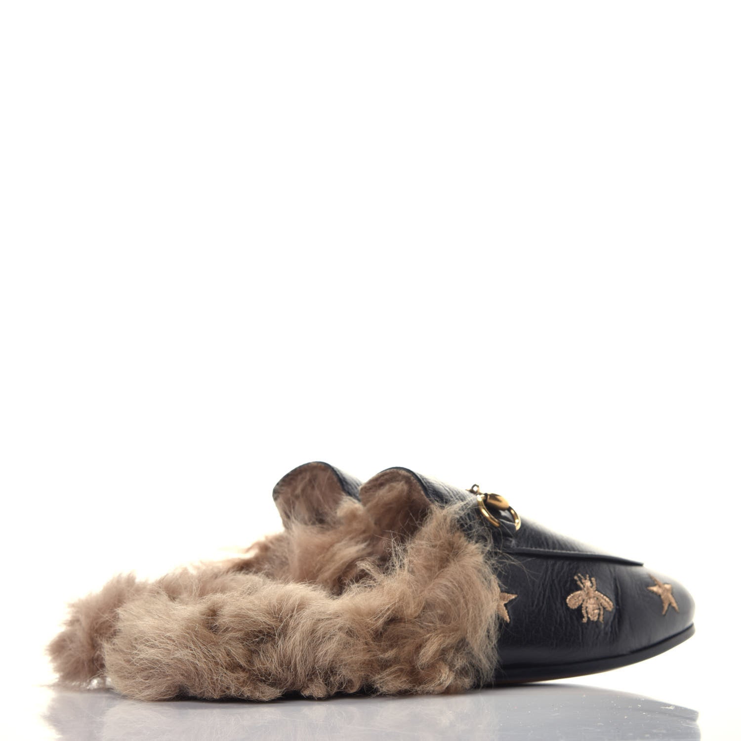 Gucci Goatskin Fur Bee Star Embroidered Womens Princetown Slippers 35.5 Black 4 of 8