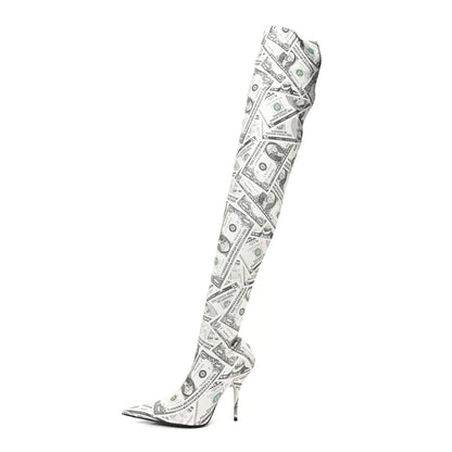 Balenciaga Spandex Dollars Print Pointed Toe Knife Thigh High Boots 37 Green 1 of 8
