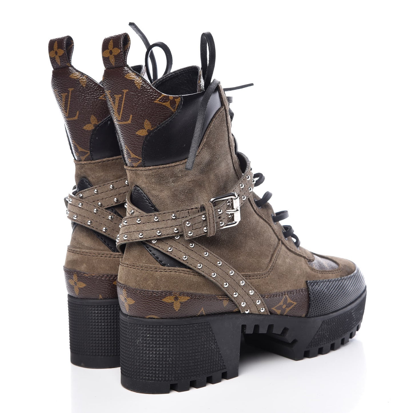 Suede Calfskin Monogram Laureate Platform Desert Boots 38 Kaki