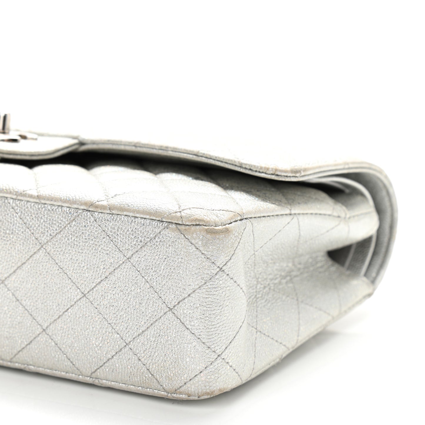 Glittered Metallic Caviar Quilted Medium Double Flap Silver