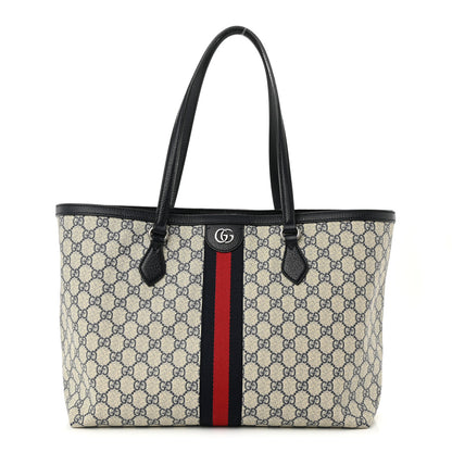 Gucci GG Supreme Monogram Textured Calfskin Web Medium Ophidia Shopping Tote Beige Blue 1 of 10