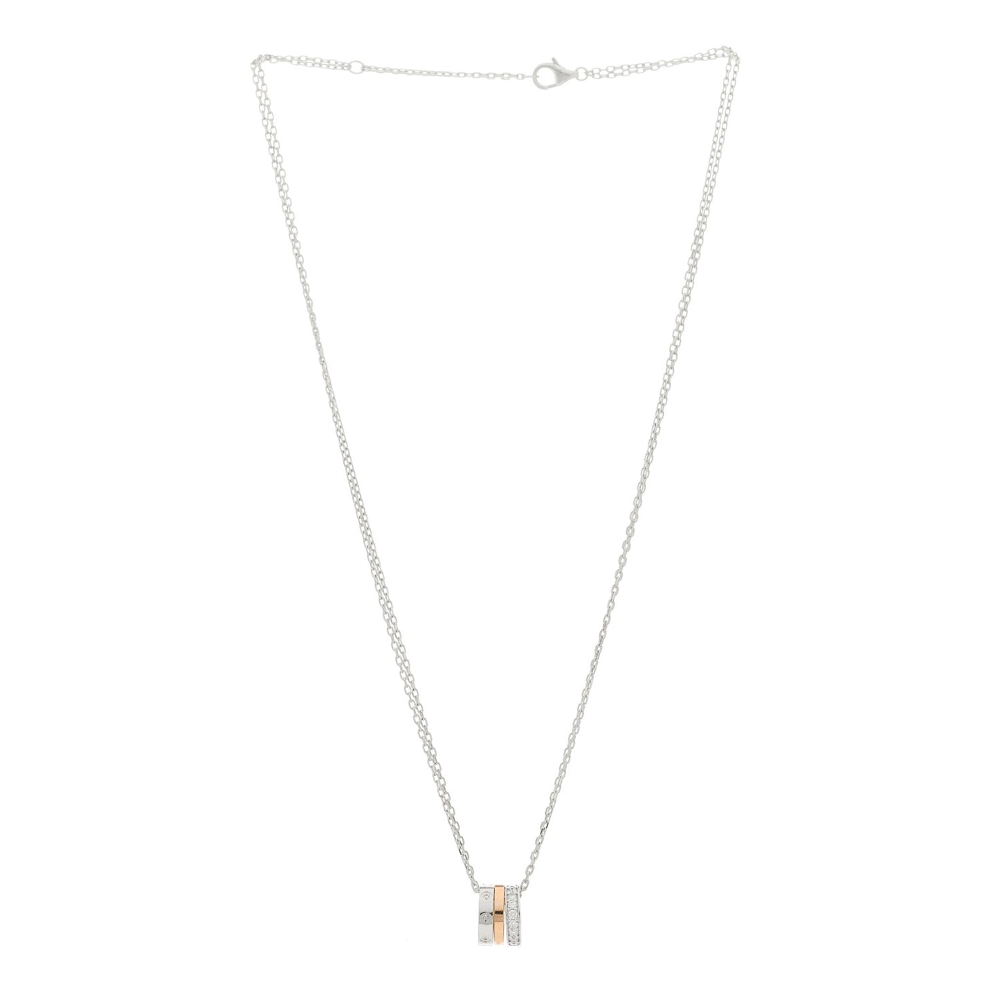 18K White Pink Gold Diamond Three Ring LOVE Necklace